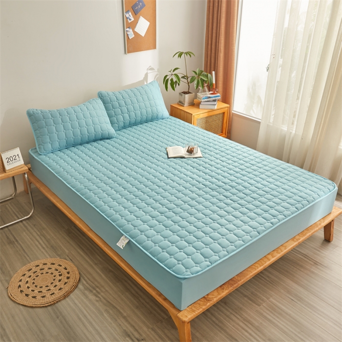 91家纺网 家纺一手货源 找家纺 雯豆 2022新款磨毛夹棉床笠纯色印花芦荟棉床垫保护垫 翡翠绿