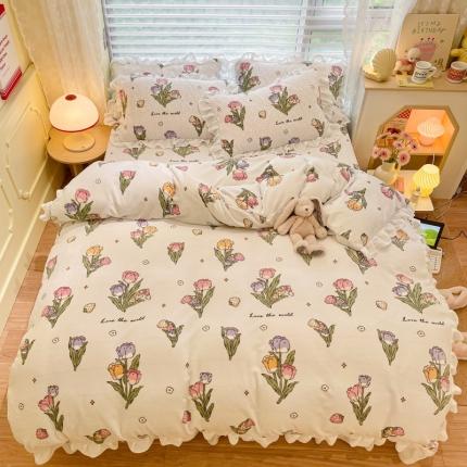 91家纺网 家纺一手货源 找家纺 柒月 2022新品田园风牛奶绒床盖四件套 床盖款-初晴