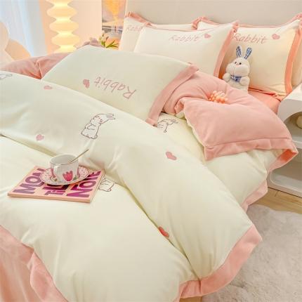 眠帛家居 2022新款水洗棉拼牛奶绒绣花四件套 可爱兔-奶油白