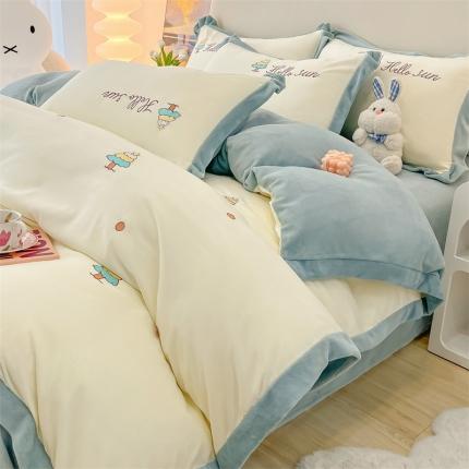 眠帛家居 2022新款水洗棉拼牛奶绒绣花四件套 圣诞树