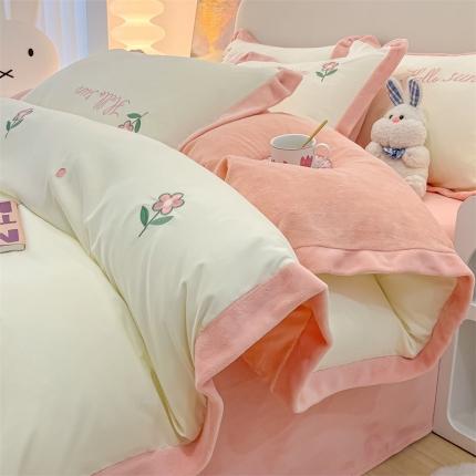 眠帛家居 2022新款水洗棉拼牛奶绒绣花四件套 小花