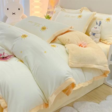 眠帛家居 2022新款水洗棉拼牛奶绒绣花四件套 小太阳-奶油白
