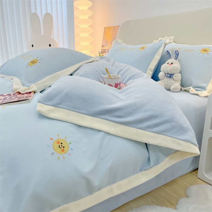 91家纺网 家纺一手货源 找家纺 眠帛家居 2022新款水洗棉拼牛奶绒绣花四件套 小太阳-奶油兰