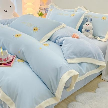 眠帛家居 2022新款水洗棉拼牛奶绒绣花四件套 小太阳-奶油兰