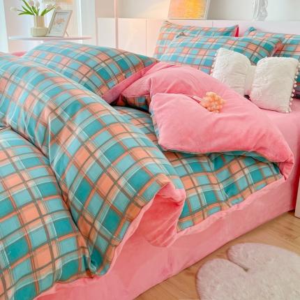 91家纺网 家纺一手货源 找家纺 麦瑞家纺 2024新款棉加绒印花四件套 棉绒-墨绿格