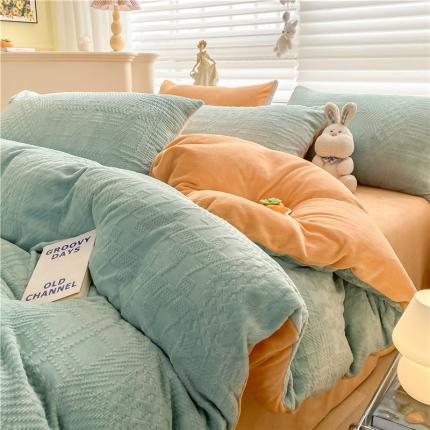 91家纺网 家纺一手货源 找家纺 古吉梦 2022新款A类高克重华夫格雕花绒四件套 华夫格-浅石兰+橘黄