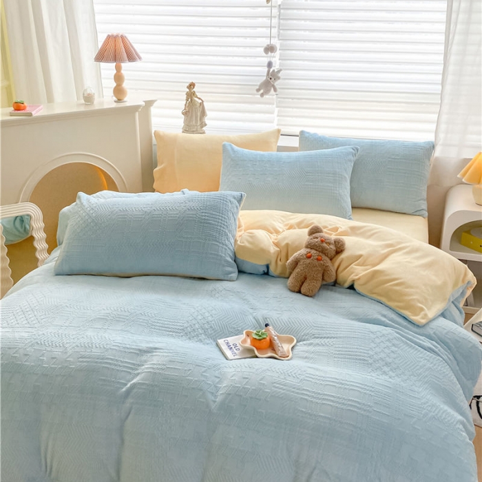 91家纺网 家纺一手货源 找家纺 古吉梦 2022新款A类高克重华夫格雕花绒四件套 华夫格-梵星蓝+奶黄