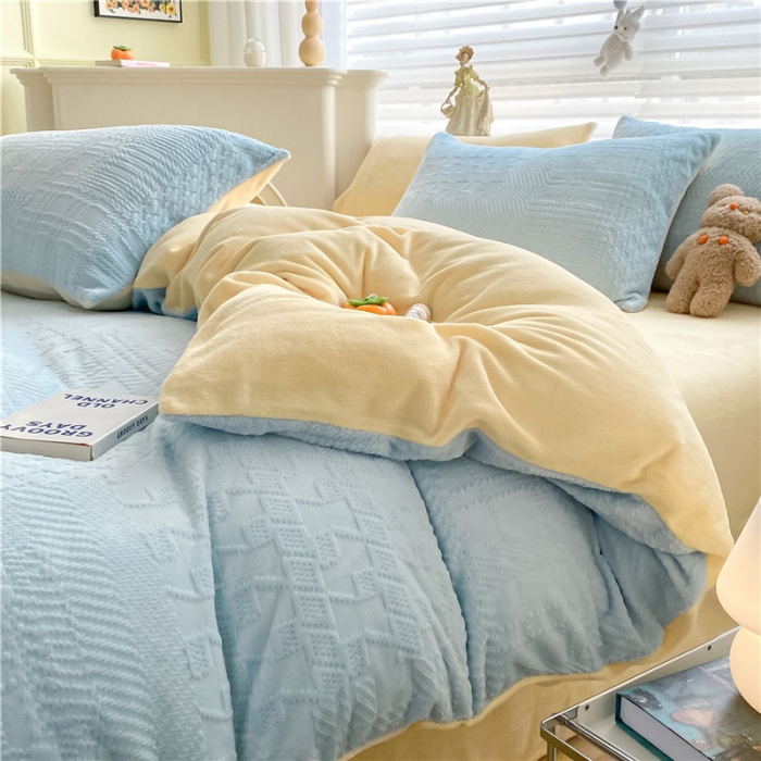 91家纺网 家纺一手货源 找家纺 古吉梦 2022新款A类高克重华夫格雕花绒四件套 华夫格-梵星蓝+奶黄