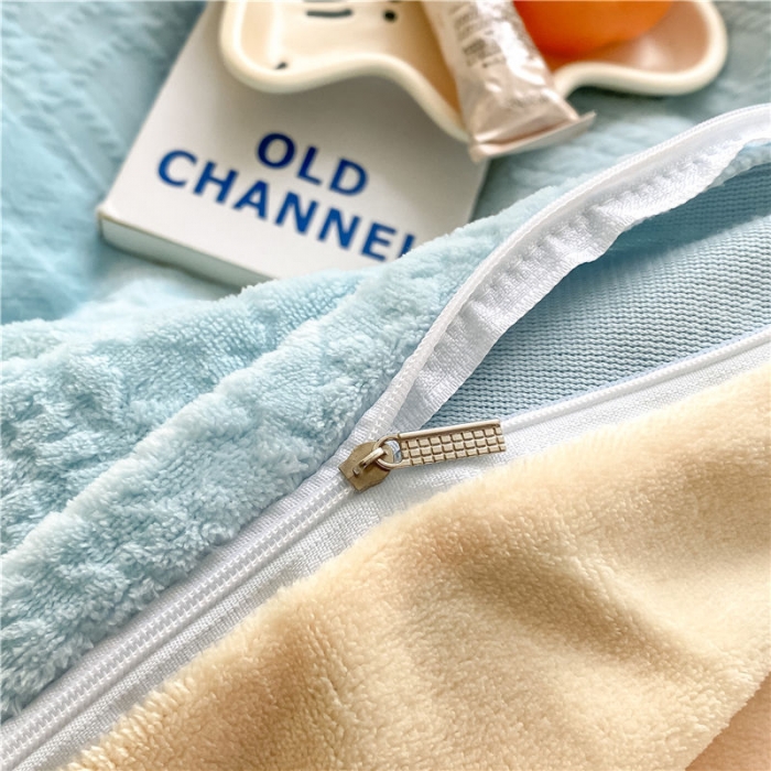 91家纺网 家纺一手货源 找家纺 古吉梦 2022新款A类高克重华夫格雕花绒四件套 华夫格-梵星蓝+奶黄