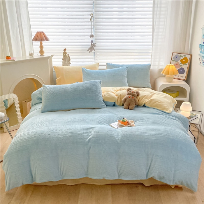 91家纺网 家纺一手货源 找家纺 古吉梦 2022新款A类高克重华夫格雕花绒四件套 华夫格-梵星蓝+奶黄