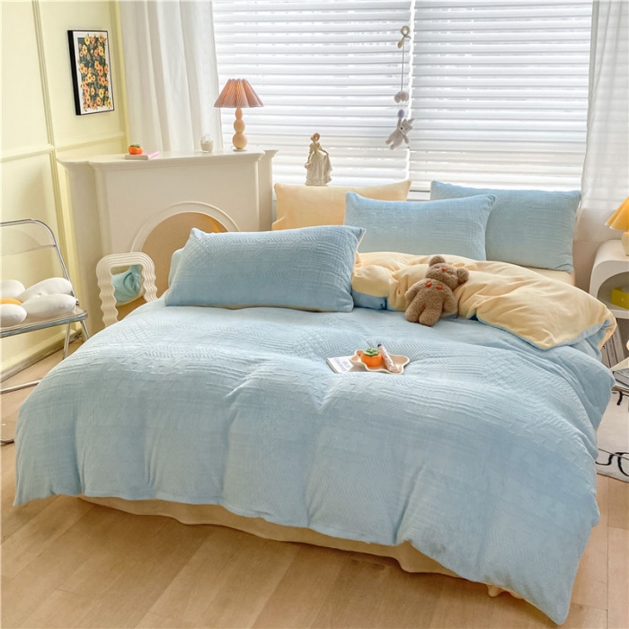 91家纺网 家纺一手货源 找家纺 古吉梦 2022新款A类高克重华夫格雕花绒四件套 华夫格-梵星蓝+奶黄