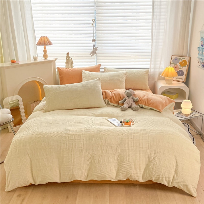 91家纺网 家纺一手货源 找家纺 古吉梦 2022新款A类高克重华夫格雕花绒四件套 华夫格-奶黄+橘黄