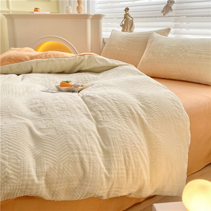 91家纺网 家纺一手货源 找家纺 古吉梦 2022新款A类高克重华夫格雕花绒四件套 华夫格-奶黄+橘黄