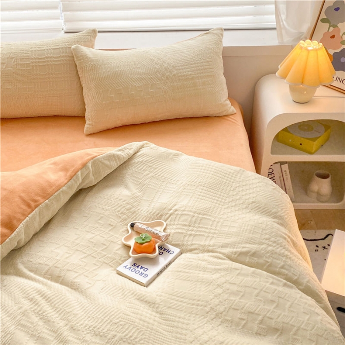 91家纺网 家纺一手货源 找家纺 古吉梦 2022新款A类高克重华夫格雕花绒四件套 华夫格-奶黄+橘黄