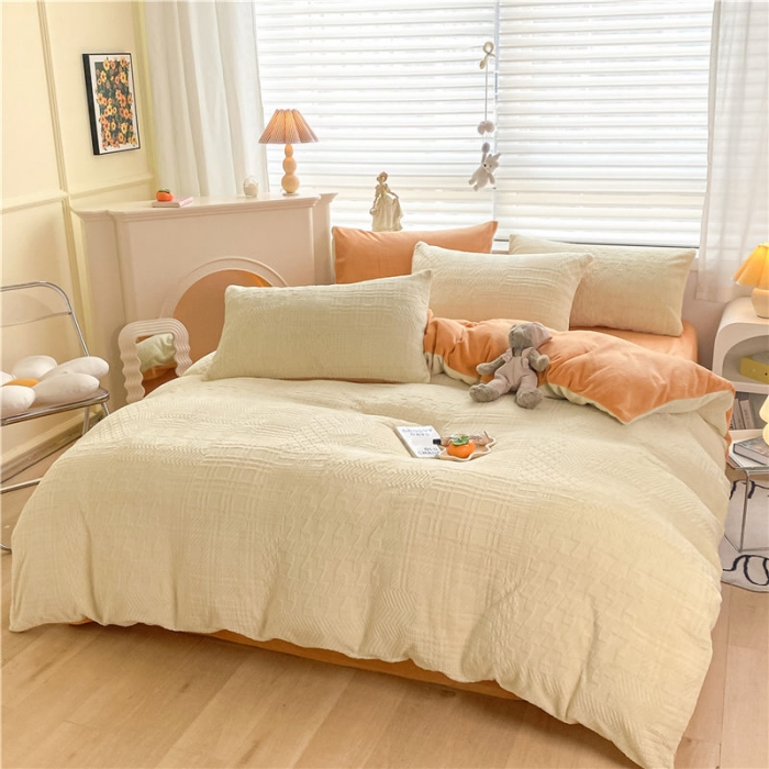 91家纺网 家纺一手货源 找家纺 古吉梦 2022新款A类高克重华夫格雕花绒四件套 华夫格-奶黄+橘黄