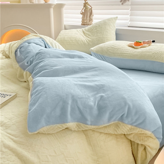 91家纺网 家纺一手货源 找家纺 古吉梦 2022新款A类高克重华夫格雕花绒四件套 华夫格-奶黄+天空蓝