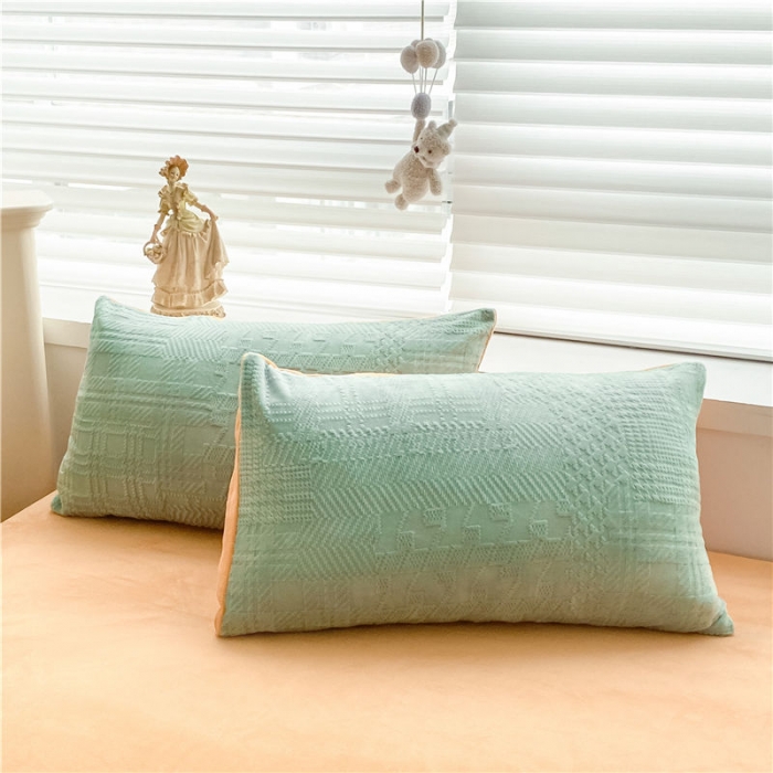 91家纺网 家纺一手货源 找家纺 古吉梦 2022新款A类高克重华夫格雕花绒四件套 华夫格-浅石兰+橘黄