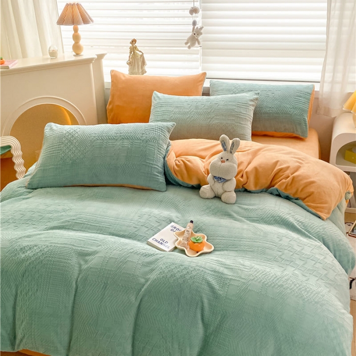 91家纺网 家纺一手货源 找家纺 古吉梦 2022新款A类高克重华夫格雕花绒四件套 华夫格-浅石兰+橘黄