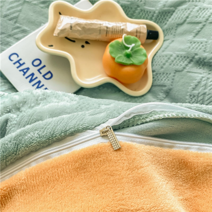 91家纺网 家纺一手货源 找家纺 古吉梦 2022新款A类高克重华夫格雕花绒四件套 华夫格-浅石兰+橘黄