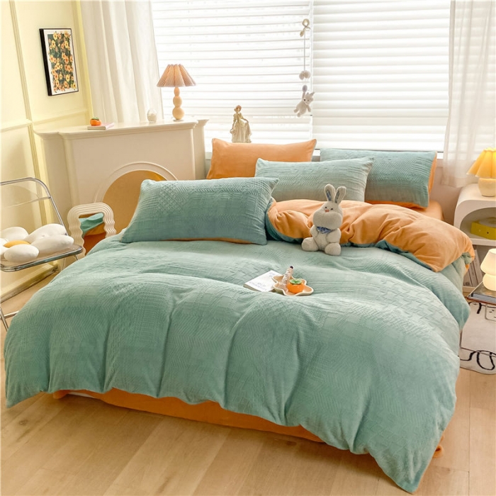 91家纺网 家纺一手货源 找家纺 古吉梦 2022新款A类高克重华夫格雕花绒四件套 华夫格-浅石兰+橘黄