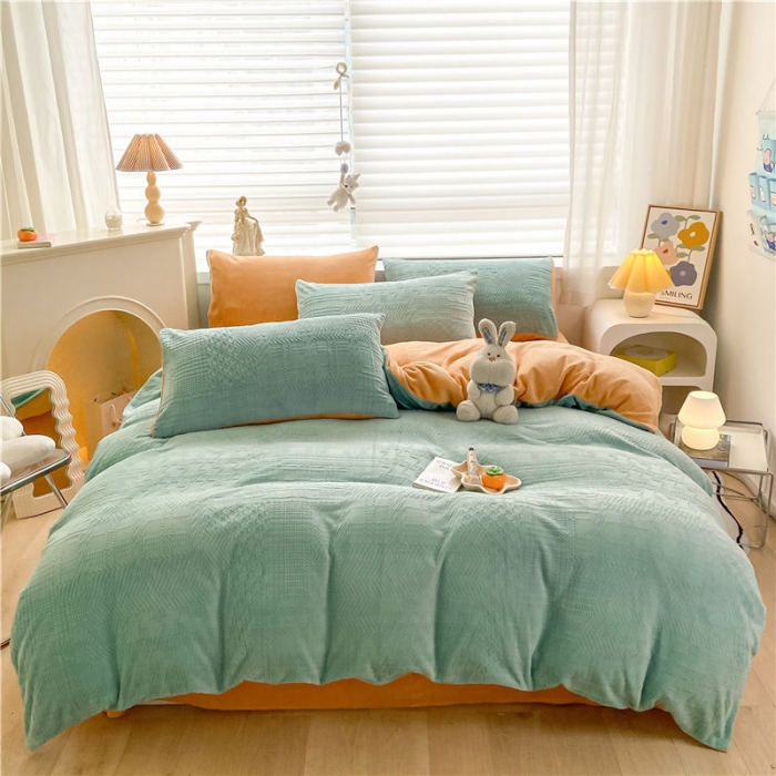 91家纺网 家纺一手货源 找家纺 古吉梦 2022新款A类高克重华夫格雕花绒四件套 华夫格-浅石兰+橘黄