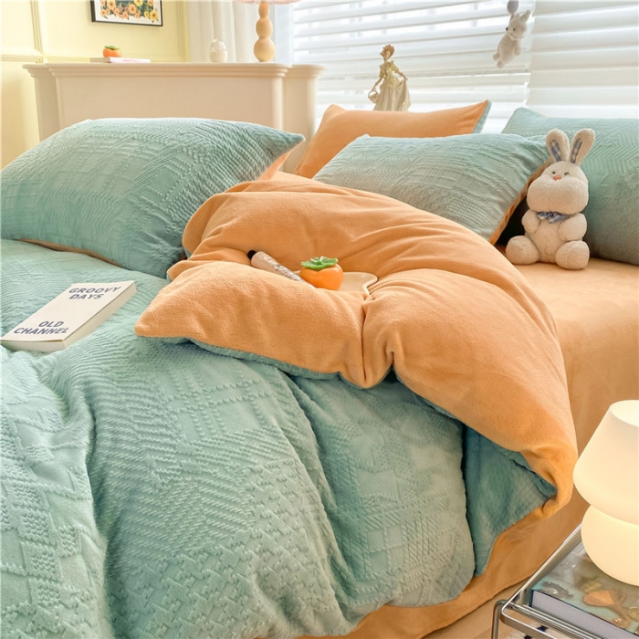 91家纺网 家纺一手货源 找家纺 古吉梦 2022新款A类高克重华夫格雕花绒四件套 华夫格-浅石兰+橘黄