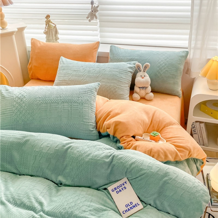 91家纺网 家纺一手货源 找家纺 古吉梦 2022新款A类高克重华夫格雕花绒四件套 华夫格-浅石兰+橘黄