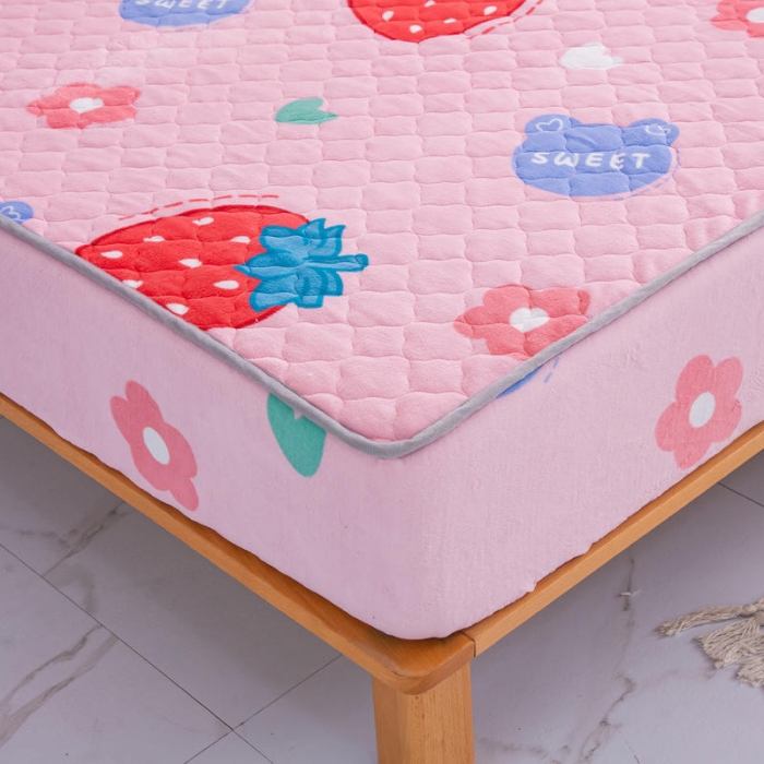 91家纺网 家纺一手货源 找家纺 小虾米 2022新款大床牛奶绒夹棉床笠 草莓粉