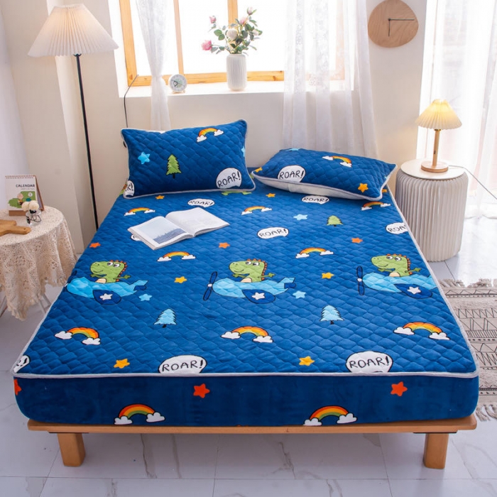 91家纺网 家纺一手货源 找家纺 小虾米 2022新款大床牛奶绒夹棉床笠 恐龙乐园