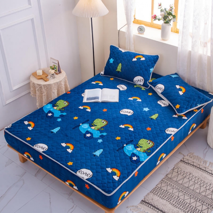 91家纺网 家纺一手货源 找家纺 小虾米 2022新款大床牛奶绒夹棉床笠 恐龙乐园