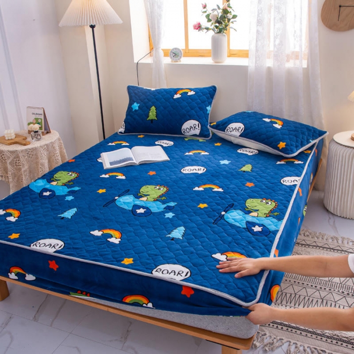 91家纺网 家纺一手货源 找家纺 小虾米 2022新款大床牛奶绒夹棉床笠 恐龙乐园