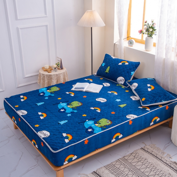 91家纺网 家纺一手货源 找家纺 小虾米 2022新款大床牛奶绒夹棉床笠 恐龙乐园