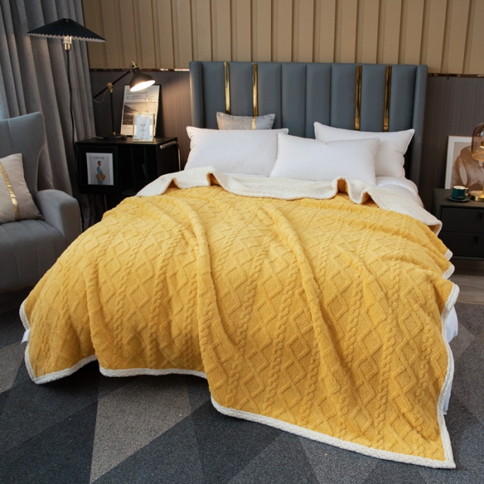 91家纺网 家纺一手货源 找家纺 卡琪曼 2022双面塔芙绒羊羔绒毛毯办公室午睡盖毯子 黄色