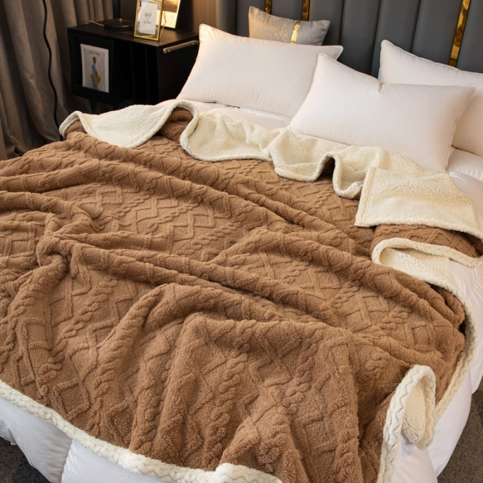 91家纺网 家纺一手货源 找家纺 卡琪曼 2022双面塔芙绒羊羔绒毛毯办公室午睡盖毯子 咖色