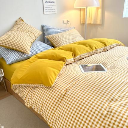 91家纺网 家纺一手货源 找家纺 家贝爱 2022新款普通款无印风轻奢水洗棉四件套 黄小格