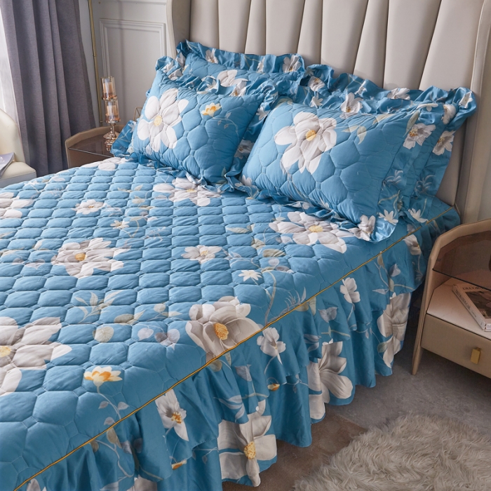 91家纺网 家纺一手货源 找家纺 优家居  2023新款芦荟棉双层边夹棉床裙 白玉兰