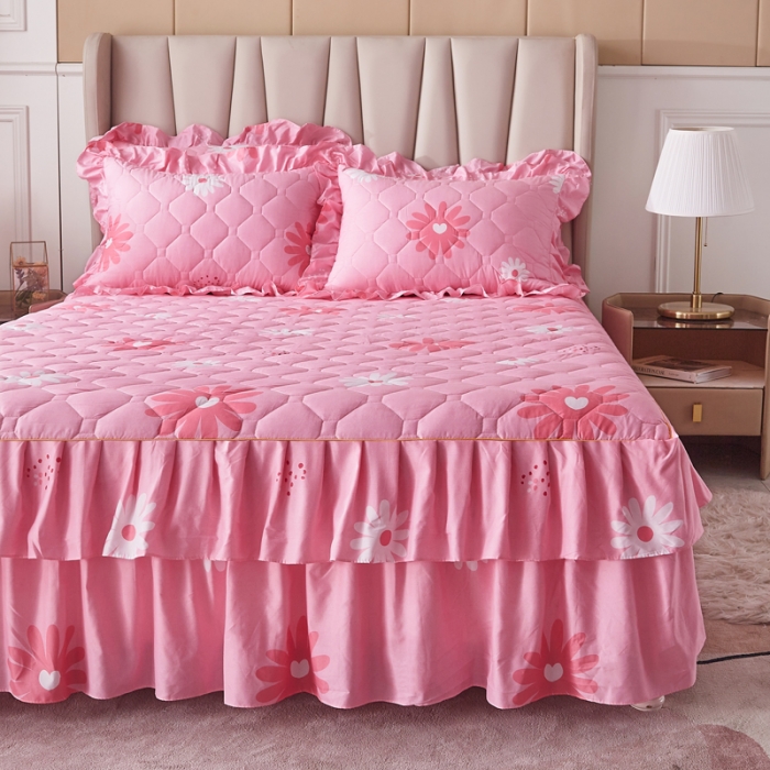 91家纺网 家纺一手货源 找家纺 优家居  2023新款芦荟棉双层边夹棉床裙 七巧花瓣