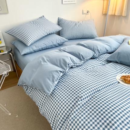 91家纺网 家纺一手货源 找家纺 家贝爱 2022新款普通款无印风轻奢水洗棉四件套 蓝小格