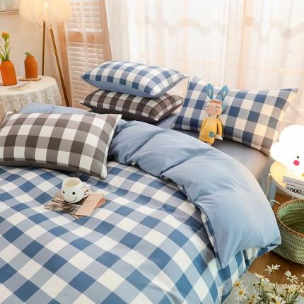 91家纺网 家纺一手货源 找家纺 家贝爱 2022新款升级款无印风轻奢水洗棉四件套 蓝中格