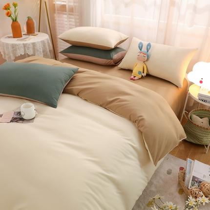 91家纺网 家纺一手货源 找家纺 家贝爱2022新款升级款无印风轻奢水洗棉四件套米白+卡布奇诺