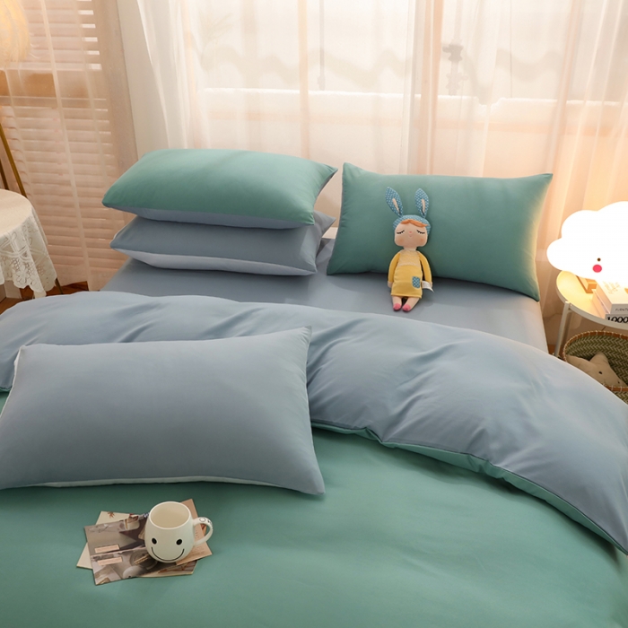91家纺网 家纺一手货源 找家纺 家贝爱2022新款升级款无印风轻奢水洗棉四件套松石绿+浅石兰