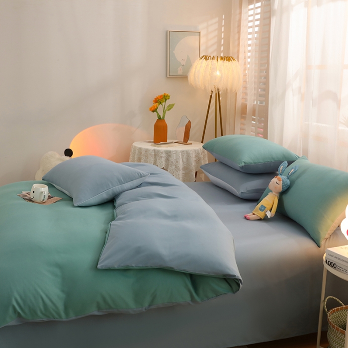 91家纺网 家纺一手货源 找家纺 家贝爱2022新款升级款无印风轻奢水洗棉四件套松石绿+浅石兰