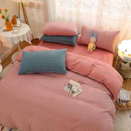 91家纺网 家纺一手货源 找家纺 家贝爱 2022新款升级款无印风轻奢水洗棉四件套围棋格豆沙