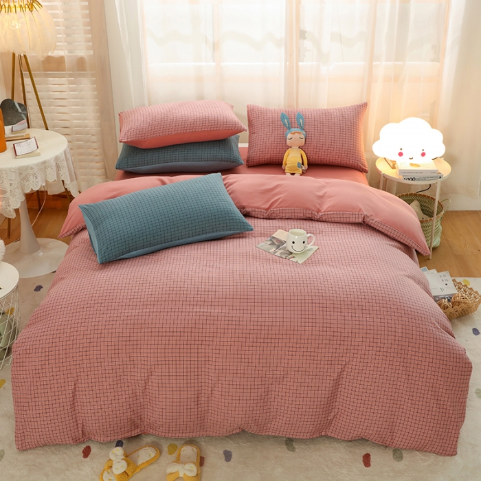 91家纺网 家纺一手货源 找家纺 家贝爱 2022新款升级款无印风轻奢水洗棉四件套围棋格豆沙