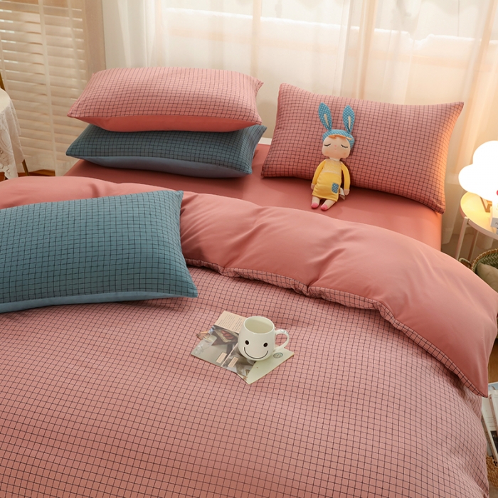 91家纺网 家纺一手货源 找家纺 家贝爱 2022新款升级款无印风轻奢水洗棉四件套围棋格豆沙