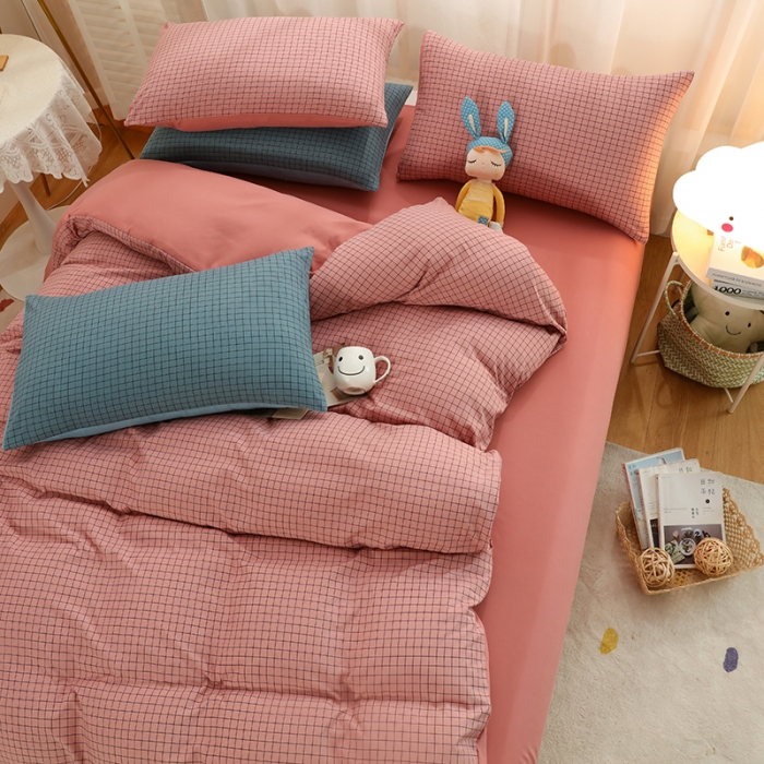 91家纺网 家纺一手货源 找家纺 家贝爱 2022新款升级款无印风轻奢水洗棉四件套围棋格豆沙