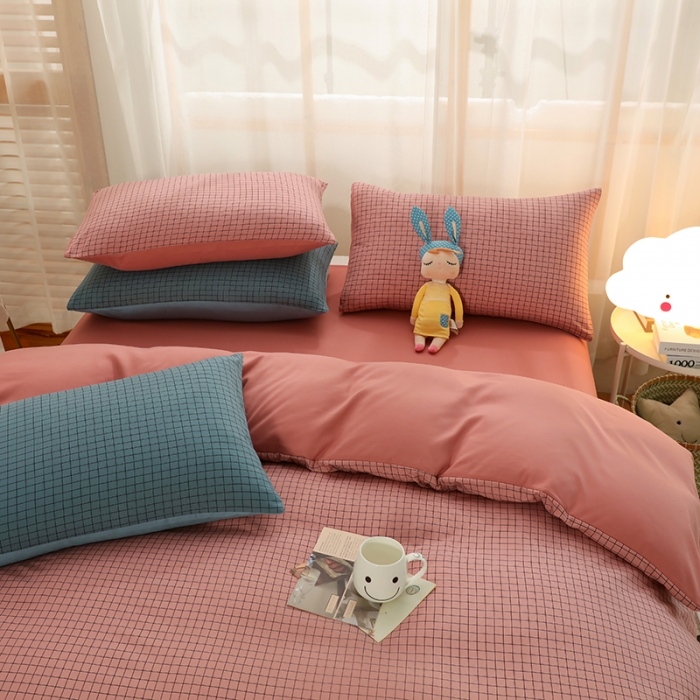 91家纺网 家纺一手货源 找家纺 家贝爱 2022新款升级款无印风轻奢水洗棉四件套围棋格豆沙