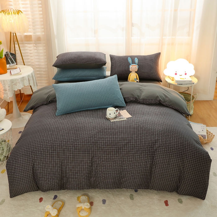 91家纺网 家纺一手货源 找家纺 家贝爱 2022新款升级款无印风轻奢水洗棉四件套围棋格深灰