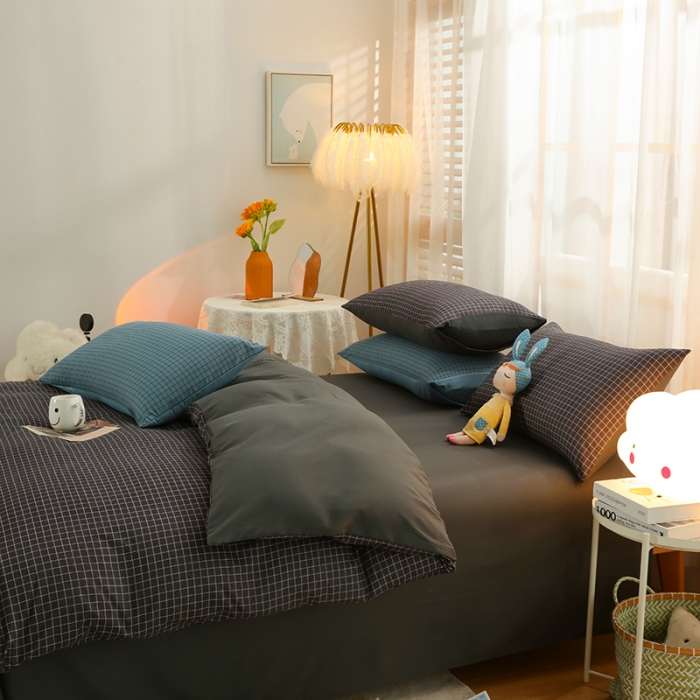 91家纺网 家纺一手货源 找家纺 家贝爱 2022新款升级款无印风轻奢水洗棉四件套围棋格深灰