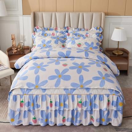 91家纺网 家纺一手货源 找家纺 优家居 2025新款芦荟棉双层边夹棉床裙四件套 蓝色天空